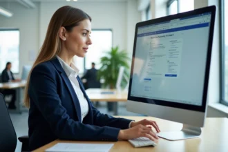 Employée utilisant un extranet RH sur ordinateur de bureau dans un open space professionnel moderne