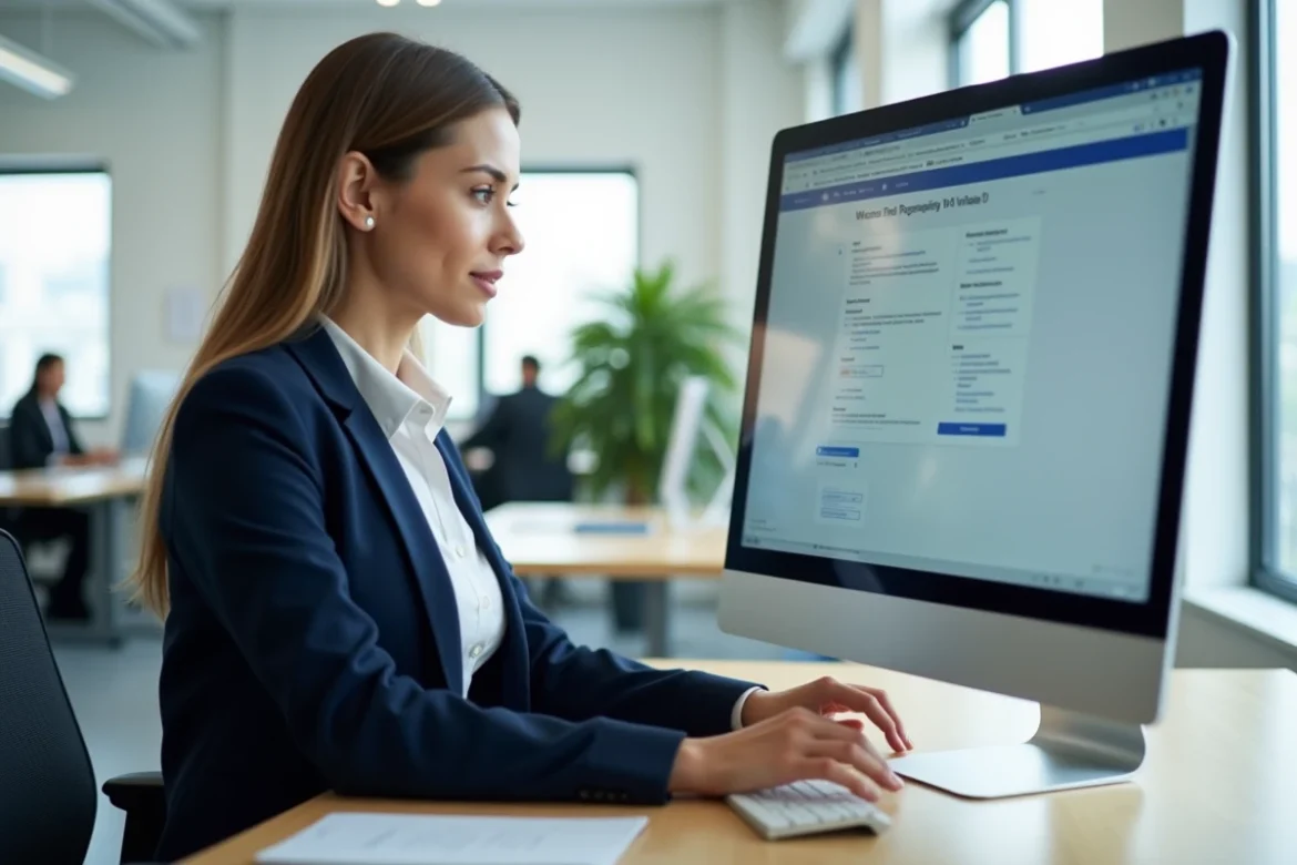 Employée utilisant un extranet RH sur ordinateur de bureau dans un open space professionnel moderne