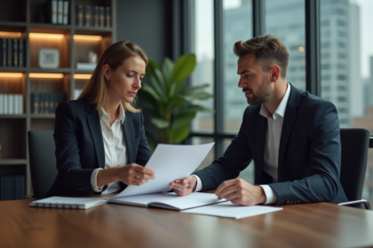 Femme d'affaires et avocat discutant de documents importants