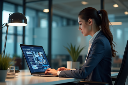 Femme d'affaires au bureau avec écran digital