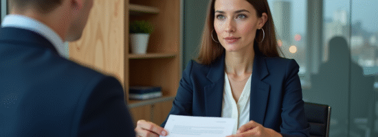 Jeune femme d'affaires tendant un courrier à son manager dans un bureau moderne