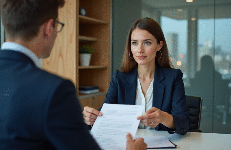 Jeune femme d'affaires tendant un courrier à son manager dans un bureau moderne