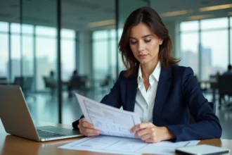 Femme d'affaires consultant des documents d'immatriculation d'entreprise avec numéros DUNS et SIREN dans un bureau moderne