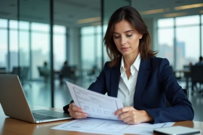 Femme d'affaires consultant des documents d'immatriculation d'entreprise avec numéros DUNS et SIREN dans un bureau moderne