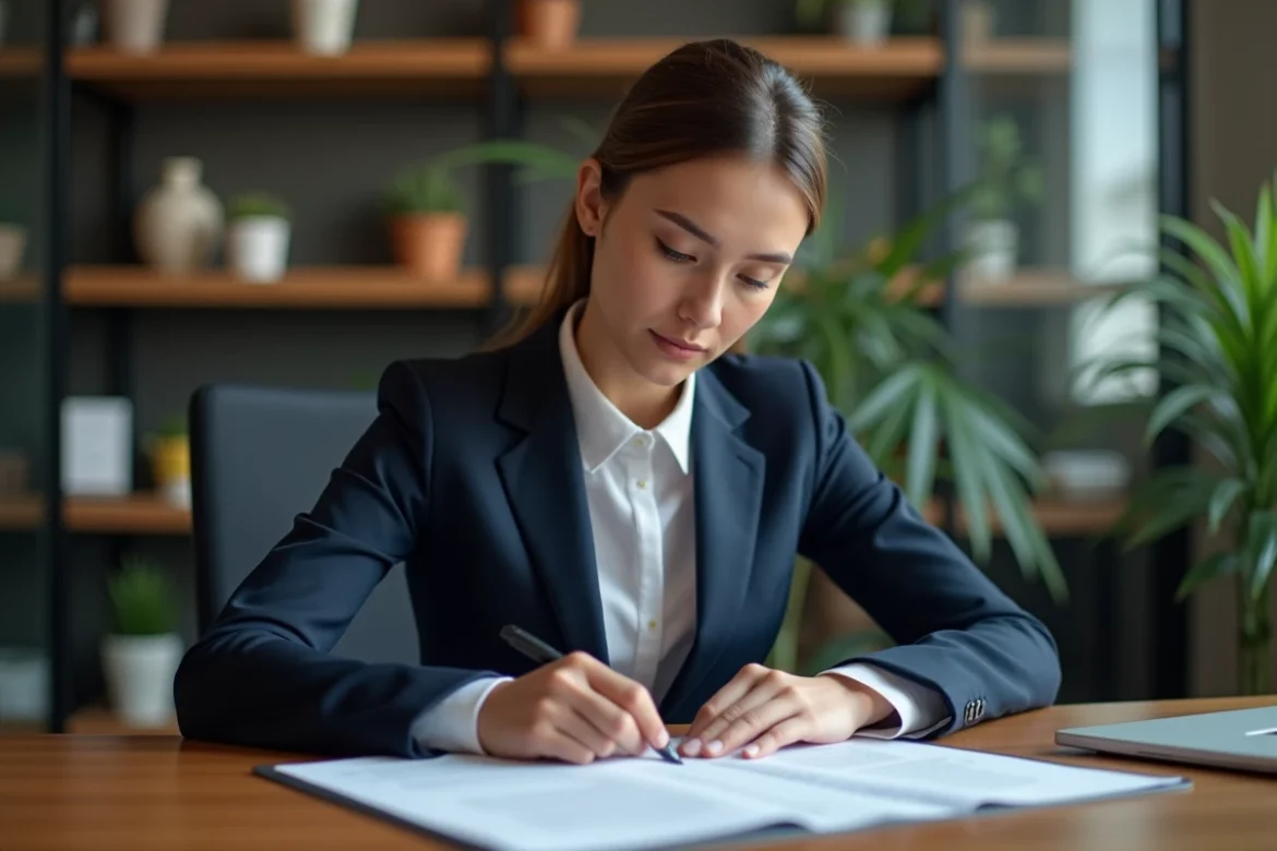 Femme d affaires en costume bleu examinant des documents