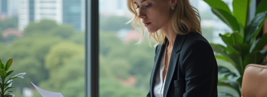 Femme d affaires examinant des documents dans un bureau moderne
