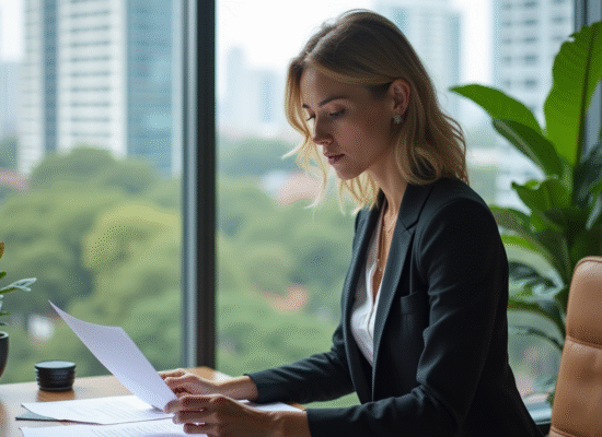 Femme d affaires examinant des documents dans un bureau moderne