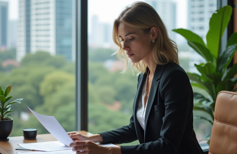 Femme d affaires examinant des documents dans un bureau moderne