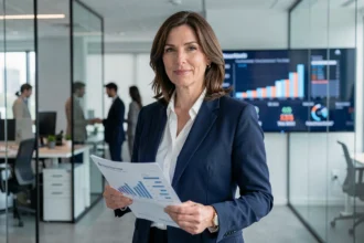 Femme d'affaires analysant le retour sur investissement d'un événement professionnel en 2026 dans un bureau moderne