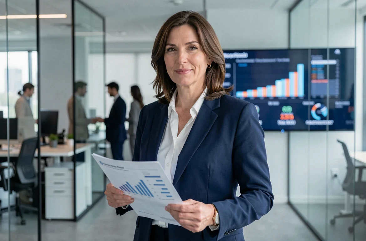 Femme d'affaires analysant le retour sur investissement d'un événement professionnel en 2026 dans un bureau moderne
