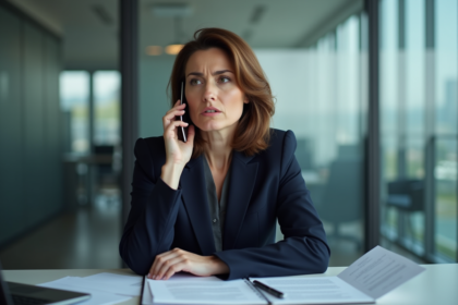 Femme d affaires en costume navy au bureau