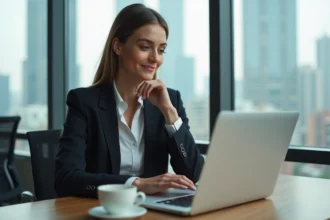 Femme en bureau moderne regardant des graphiques SEO
