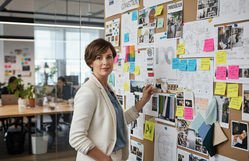 Femme confiante près d'un mur de storyboards créatifs