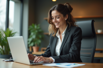 Femme d affaires analysant un graphique sur son ordinateur