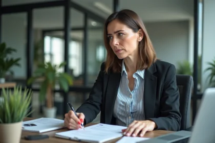 Femme en bureau professionnel consulte une checklist