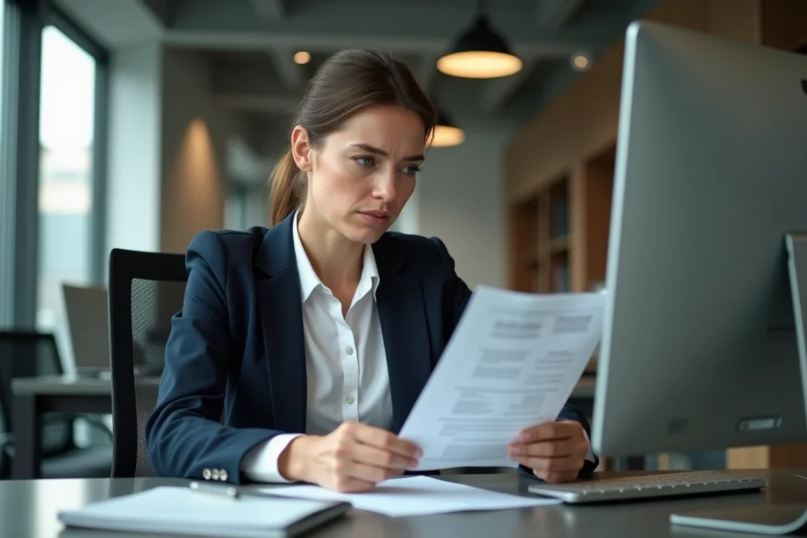 Femme en bureau moderne regardant son ordinateur