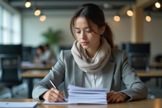 Femme en bureau moderne regardant des documents