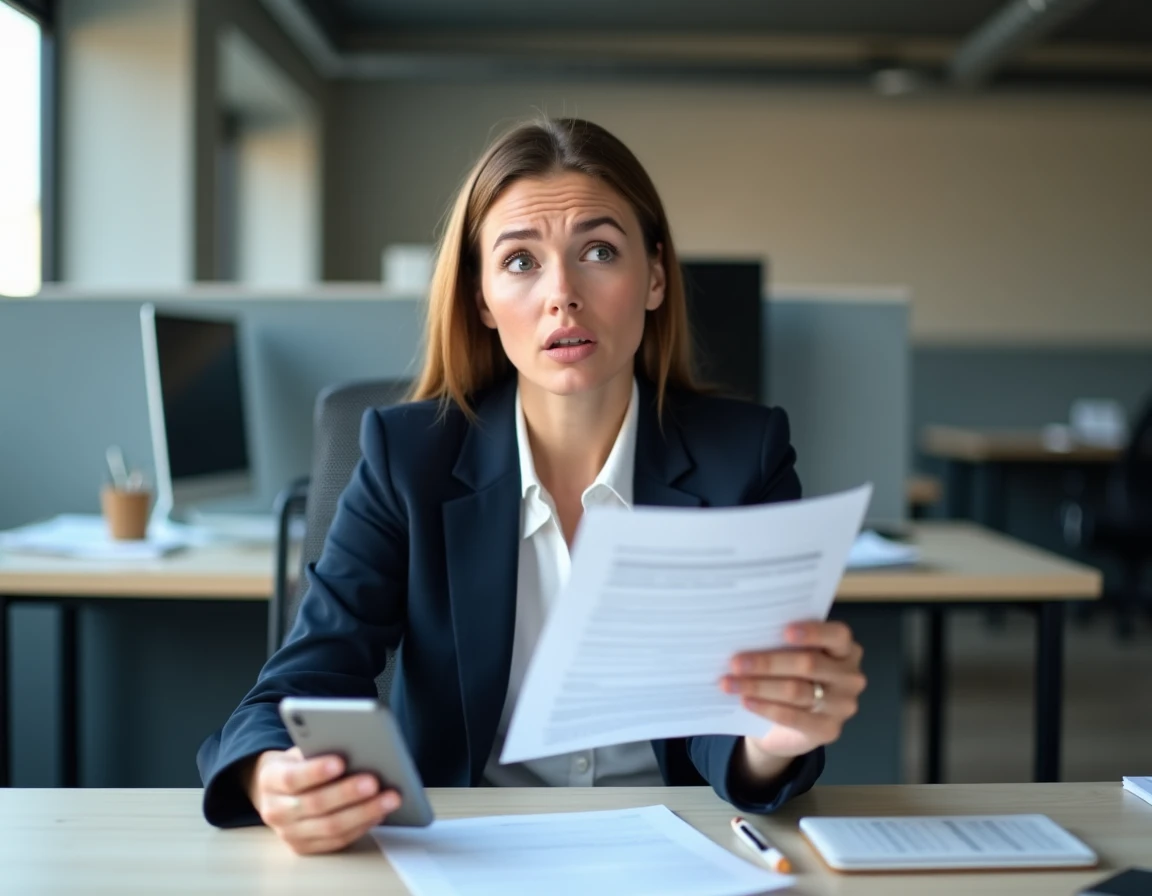 Femme en bureau comparant un contrat bail papier et un SMS sur smartphone LACAMO