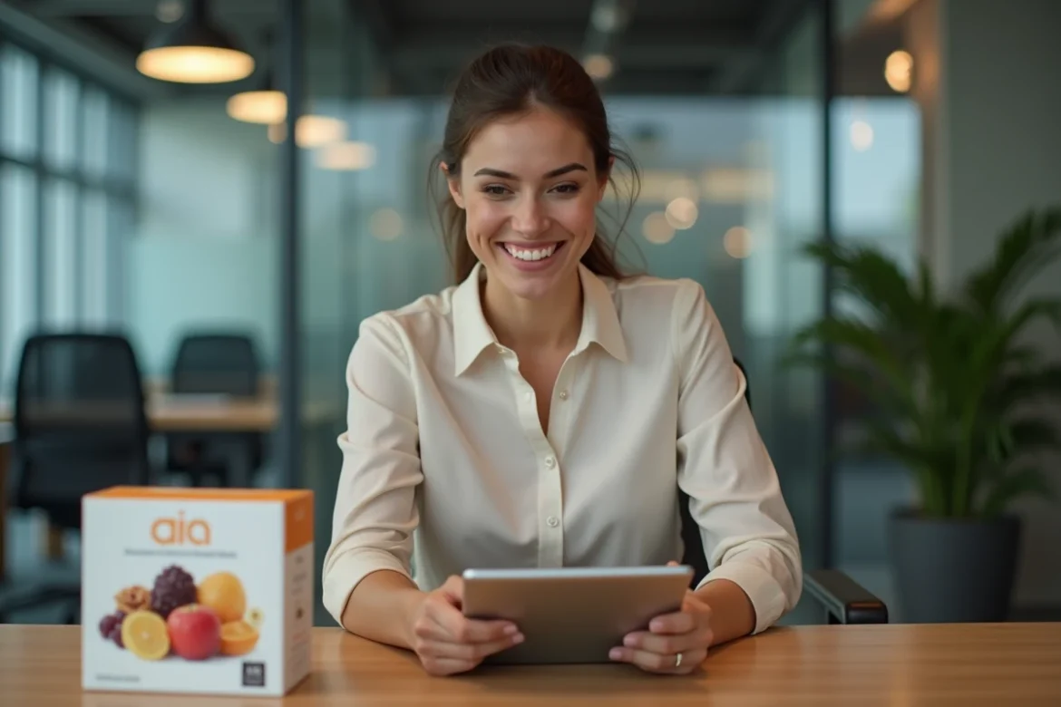 Jeune femme au bureau examine des fruits secs premium