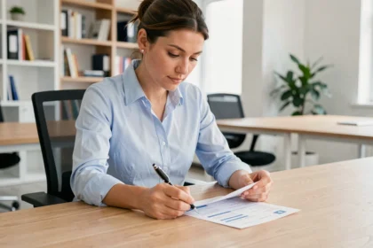 Femme au bureau relisant attentivement un formulaire de contact pour éviter les erreurs fréquentes