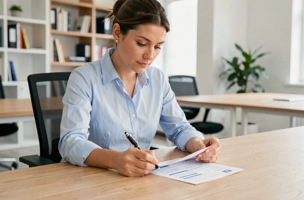 Femme au bureau relisant attentivement un formulaire de contact pour éviter les erreurs fréquentes