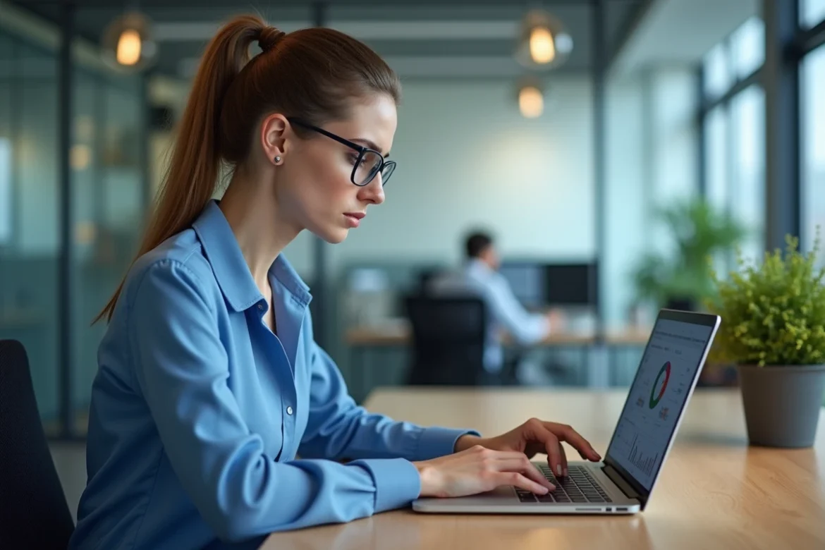 Femme professionnelle en bureau moderne utilisant un ordinateur