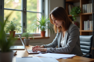 Femme au bureau moderne travaillant sur son ordinateur