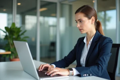 Femme professionnelle au bureau utilisant un ordinateur