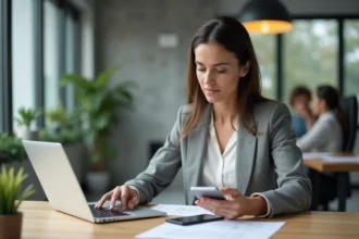 Femme d affaires concentrée sur documents dans un bureau moderne