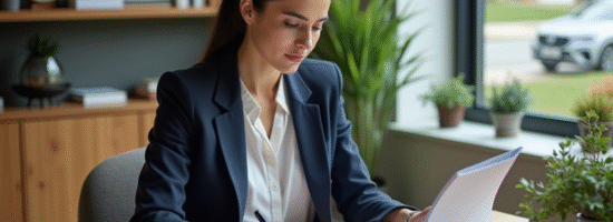 Femme professionnelle en bureau moderne avec documents