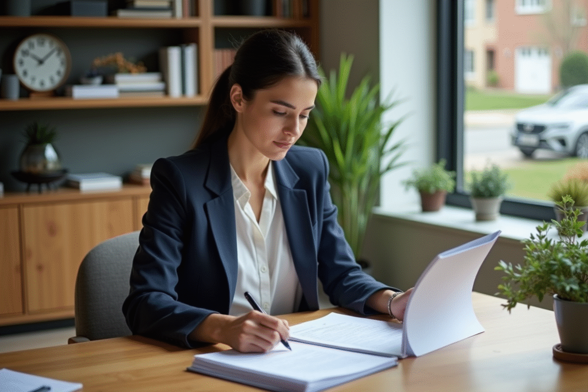 Femme professionnelle en bureau moderne avec documents