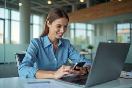 Jeune femme professionnelle utilisant un smartphone au bureau