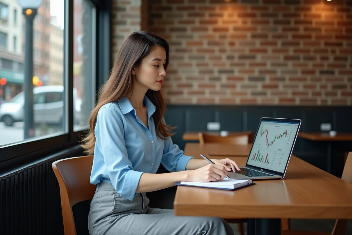 Jeune femme au café analysant des données boursières