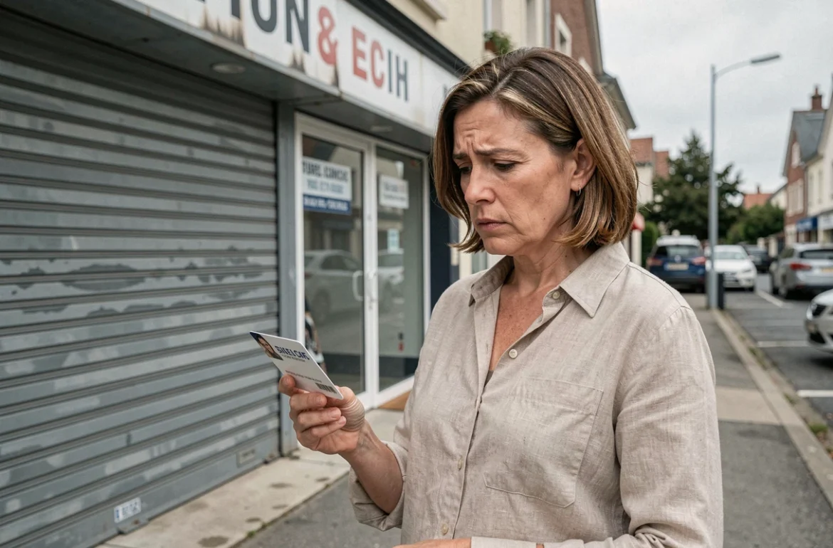 Femme tenant une carte cadeau devant un magasin GiFi fermé aux volets baissés
