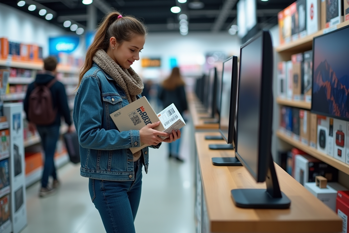 Jeune femme examinant un produit en magasin d