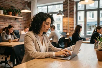Femme professionnelle travaillant sur un ordinateur portable dans un espace de coworking moderne à Alfortville
