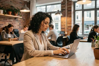 Femme professionnelle travaillant sur un ordinateur portable dans un espace de coworking moderne à Alfortville