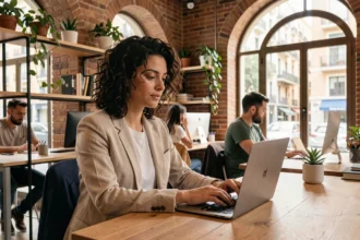 Femme travaillant sur un ordinateur portable dans un espace de coworking moderne à Barcelone avec des murs en briques apparentes