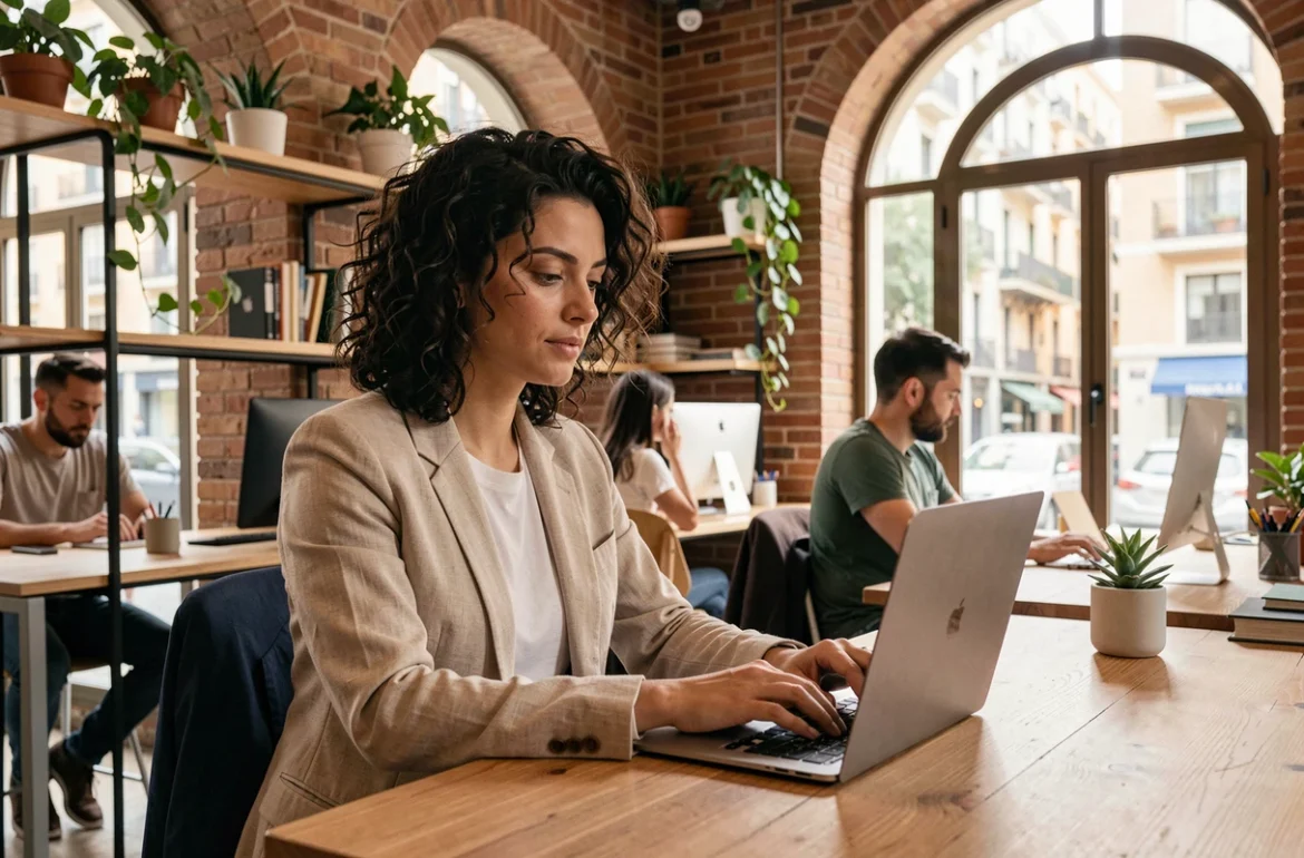 Femme travaillant sur un ordinateur portable dans un espace de coworking moderne à Barcelone avec des murs en briques apparentes