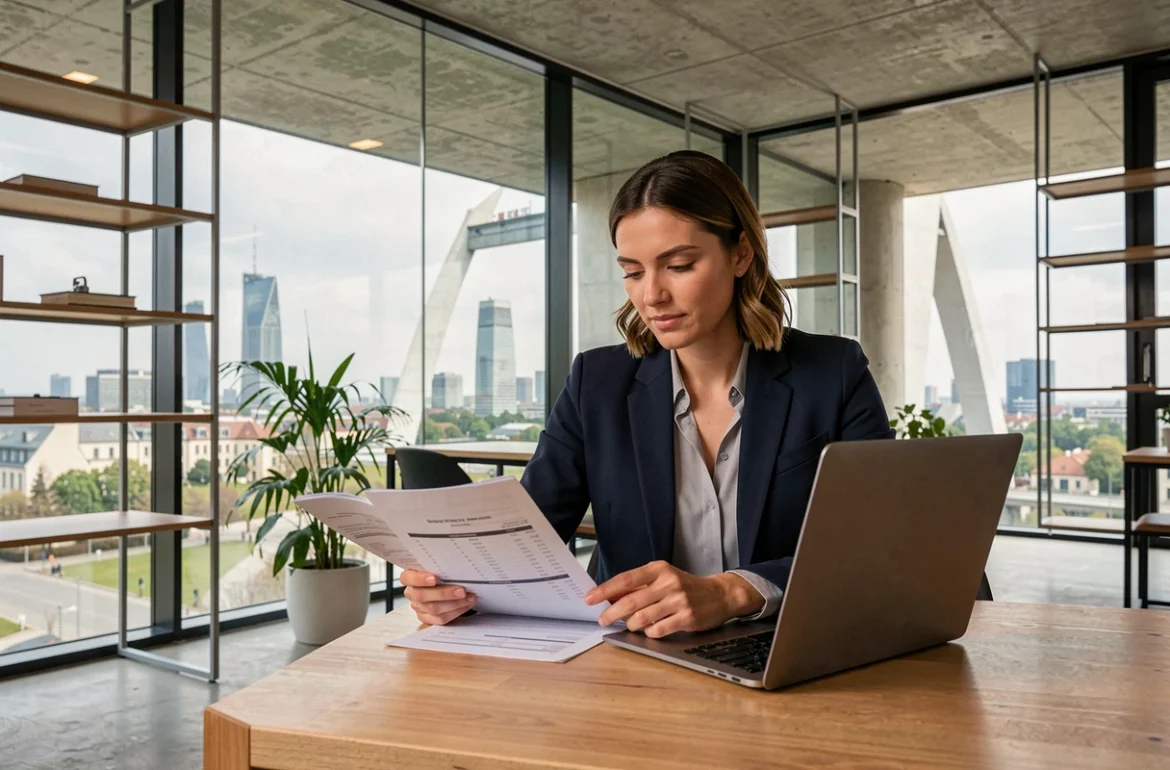 Femme professionnelle travaillant dans un espace de coworking à La Défense avec vue sur la Grande Arche, documents budgétaires sur le bureau