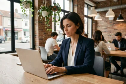 Femme travaillant sur un ordinateur portable dans un espace de coworking moderne à Orvault