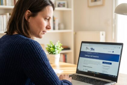 Femme utilisant son CPF pour s'inscrire à une formation en intelligence artificielle sur son ordinateur portable