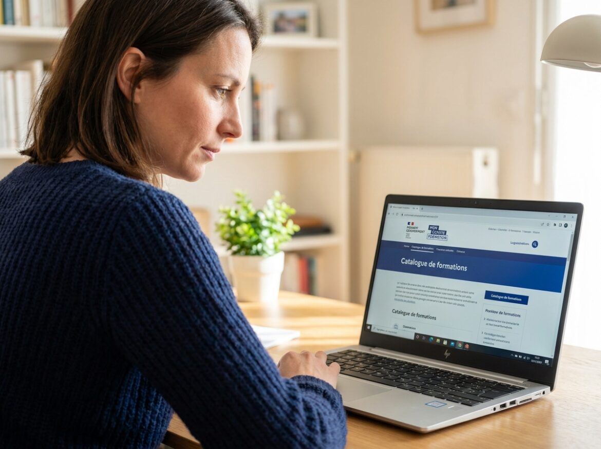 Femme utilisant son CPF pour s'inscrire à une formation en intelligence artificielle sur son ordinateur portable