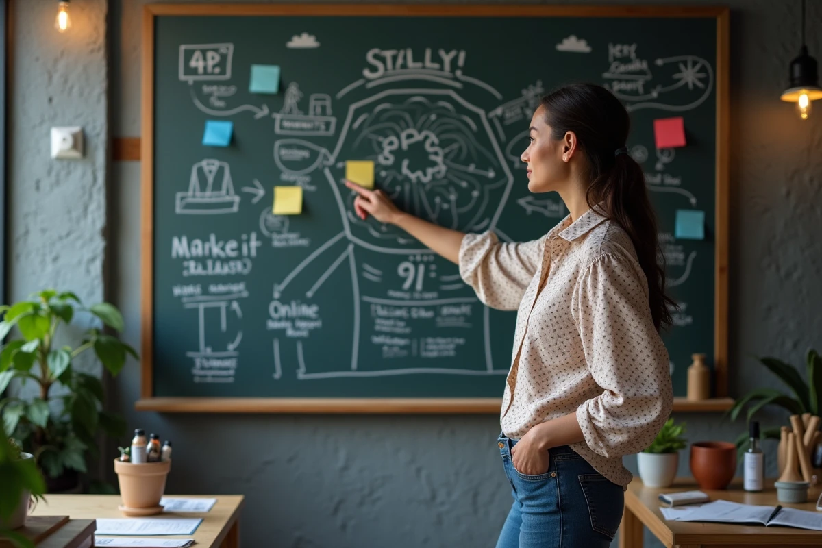 Jeune femme pointant un diagramme des 4 Ps marketing