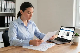 Femme consultant ses documents d'immatriculation URSSAF à son bureau à domicile