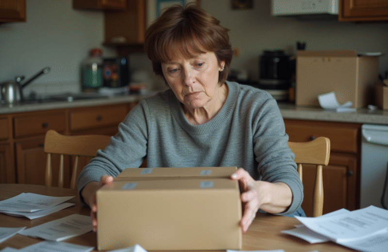 Femme d'âge moyen assemble des cartons dans une maison