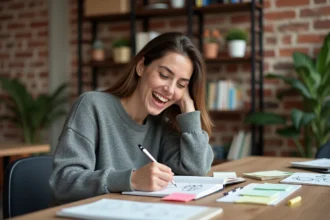 Femme entrepreneur notant une idée de startup dans un espace de coworking moderne avec des post-its et des croquis sur son bureau en bois