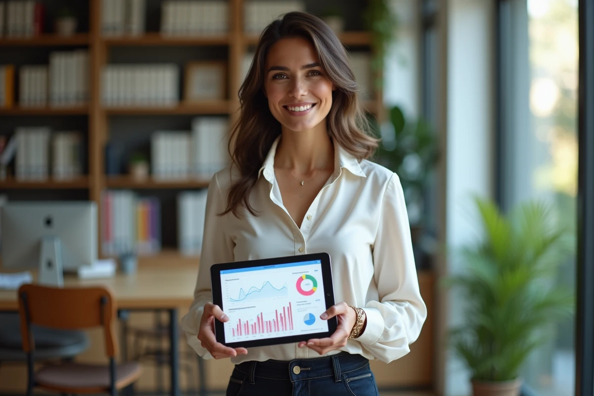 Jeune femme entrepreneure avec tablette dans un bureau à domicile