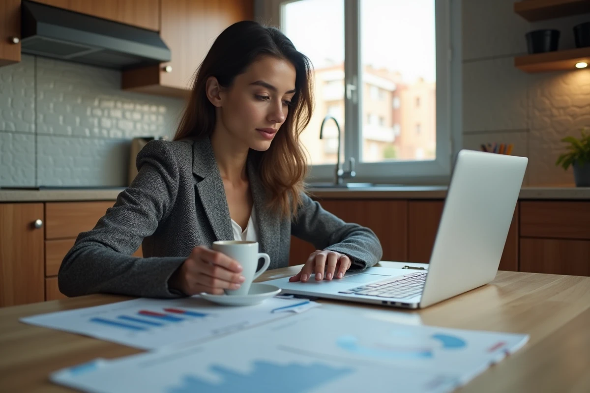 Jeune femme espagnole analyse des graphiques dans sa cuisine