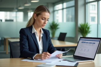 Femme en blazer marine consultant un portail de formation CPF sur ordinateur portable dans un bureau moderne